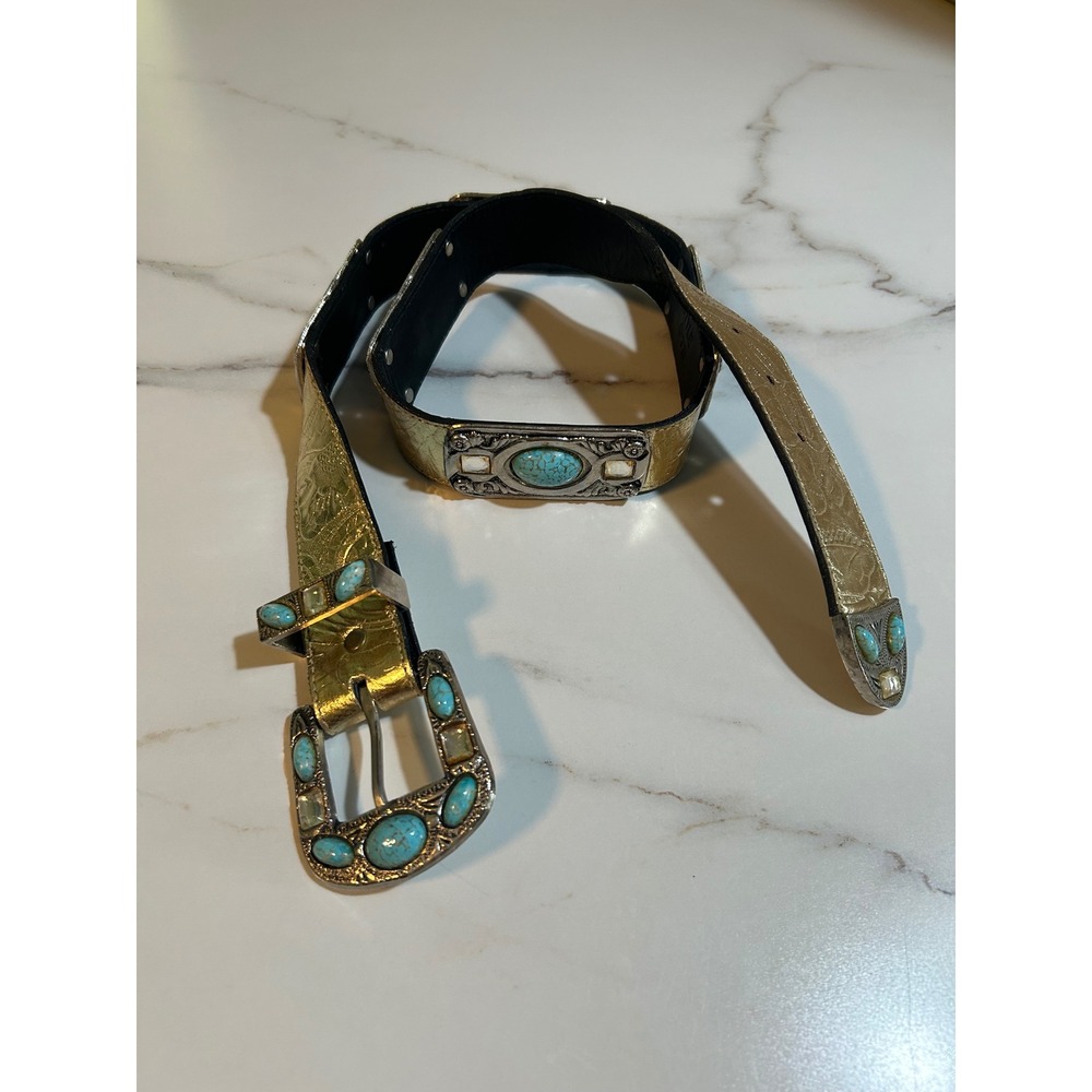Apple Acc of NY Womens Gold Leather Western Turquoise Jeweled Belt Style 331